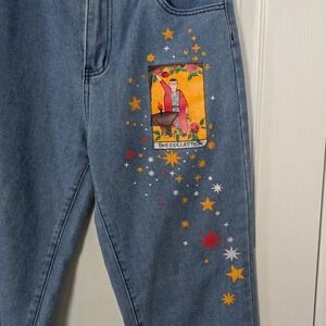 Artsy Tarot Card Graphic Retro Style Whimsigoth Painted Denim Jeans Size Large